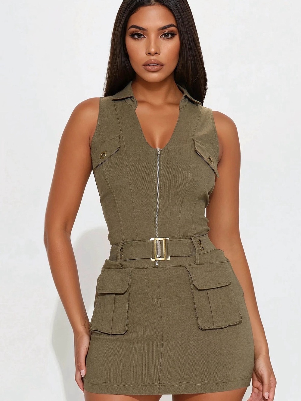Fashion Nova Olive Green Sleeveless Utility Mini Dress